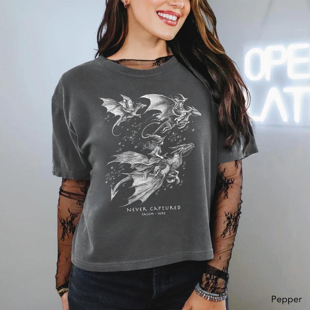 Salem 1692 Witches Flying On Dragons Crop Top, Halloween Witchy